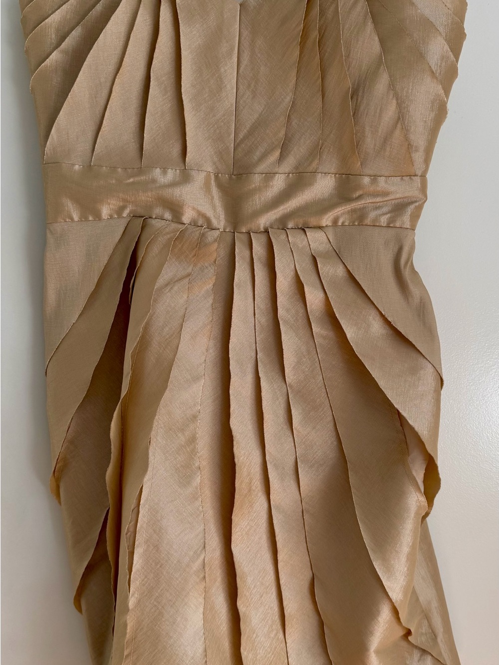 Max & Cleo Strapless Pleated Satin Dress in Champagne Beige
